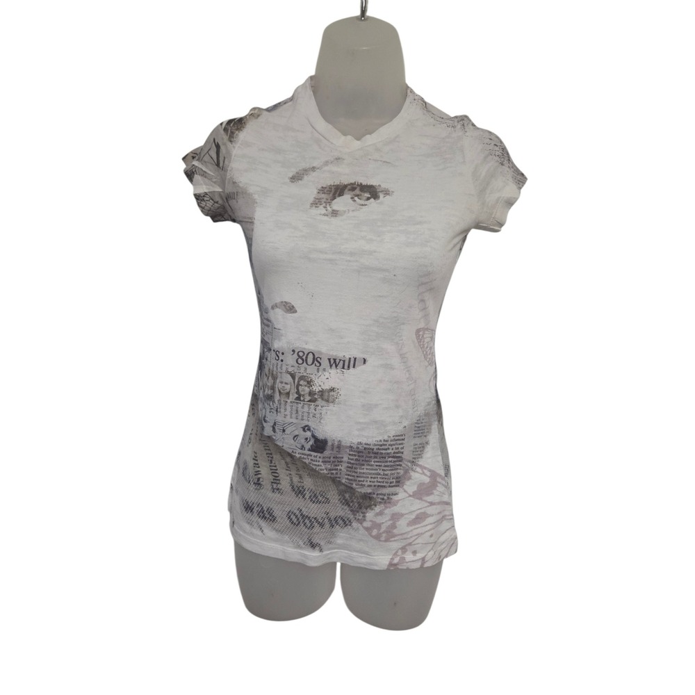 Tuning Y2K Burnout Baby Tee Newspaper Butterfly Graphic Fitted White Top Sz S
